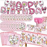 92pcs Kitty Birthday Party Supplies Kawaii Party Tableware Party Supplies Include Banner Party Plates and Napkins Tablecloth for Boys/Girls Birthday Party Decorations.