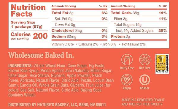 NATURE’S BAKERY WHOLE WHEAT FIG BARS, PEACH APRICOT, REAL FRUIT, VEGAN, NON-GMO, SNACK BAR, 1 BOX WITH 12 TWIN PACKS (12 TWIN PACKS)