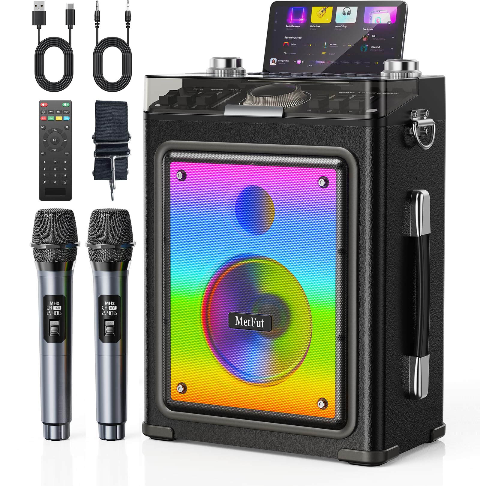 Photo 1 of Metfut Karaoke Machine for Adults with 2 Wireless Microphones & Guitar Input, Professional Bluetooth 5.3 Speaker, Portable Wooden Karaoke PA System with Bass/Treble Adjustable for Backyard, Home Party