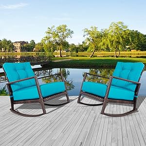 Incbruce Outdoor Patio Rocking Chair 2 Piece Wicker Rocking Bistro Set with Washable and Thick Cushion, Garden Conversation Sets with Teal Seat Cushion