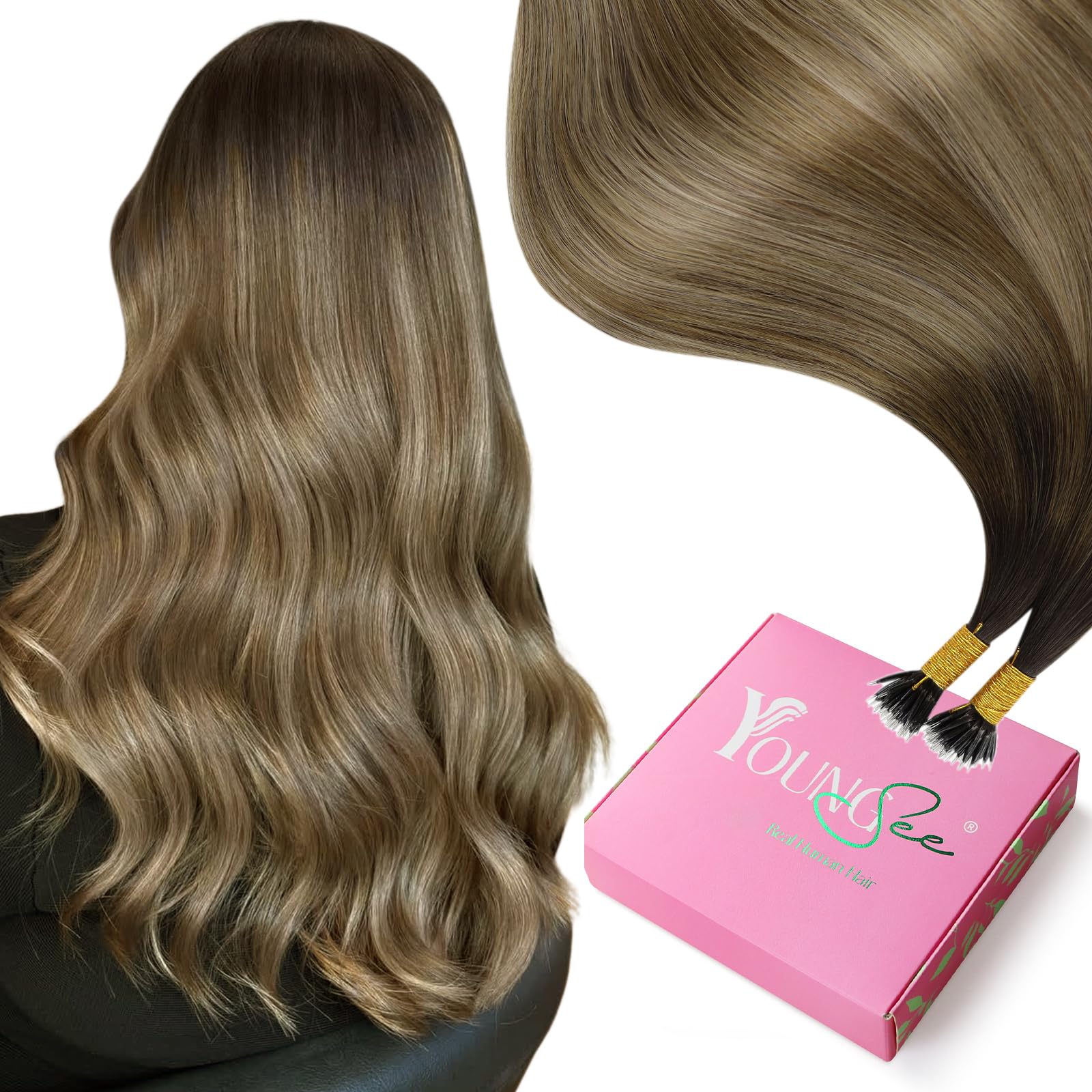 YoungSee Nano Hair Extensions Real Human Hair Brown 16inch 50g Nano Ring Hair Extensions Balayage Dark Brown with Blonde Nano Loop Extensions for Wedding Cold Fusion Pre Bonded 50s — image 1