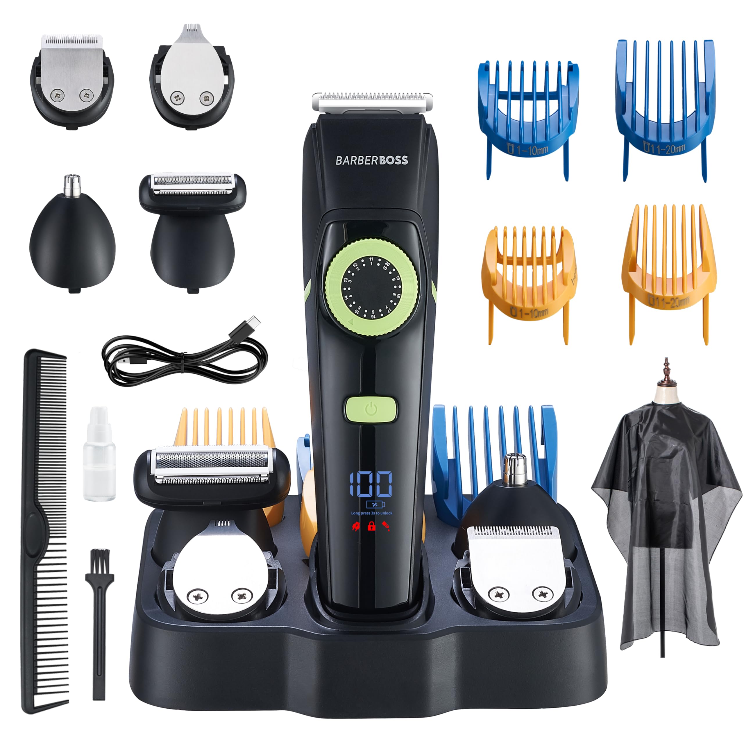 BarberBoss Men Hair Clippers, Beard Trimmer, Ear and Nose Hair, Grooming Kit for Men, Precision Dial, Ceramic Blade, 4 Comb Attachments, Waterproof, LED Display, QR-6085