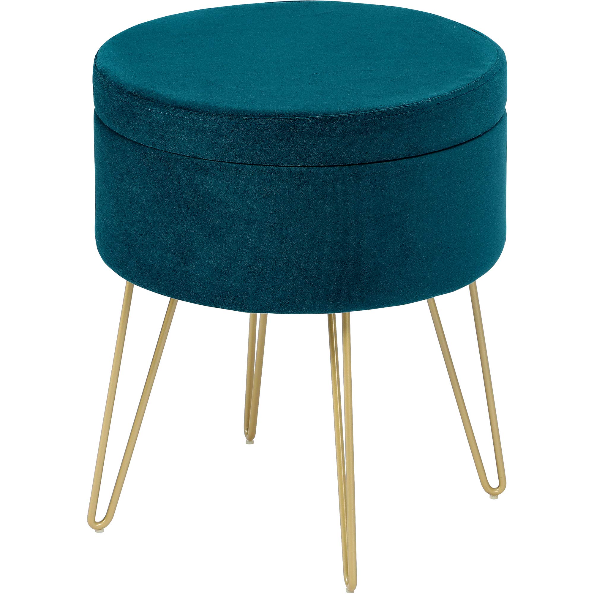 YITAHOME Round Velvet Storage Ottoman Footrest Stool with Gold Metal Legs & Tray Top Coffee Table, Upholstered Vanity Chair for Living Room Bedroom, Teal