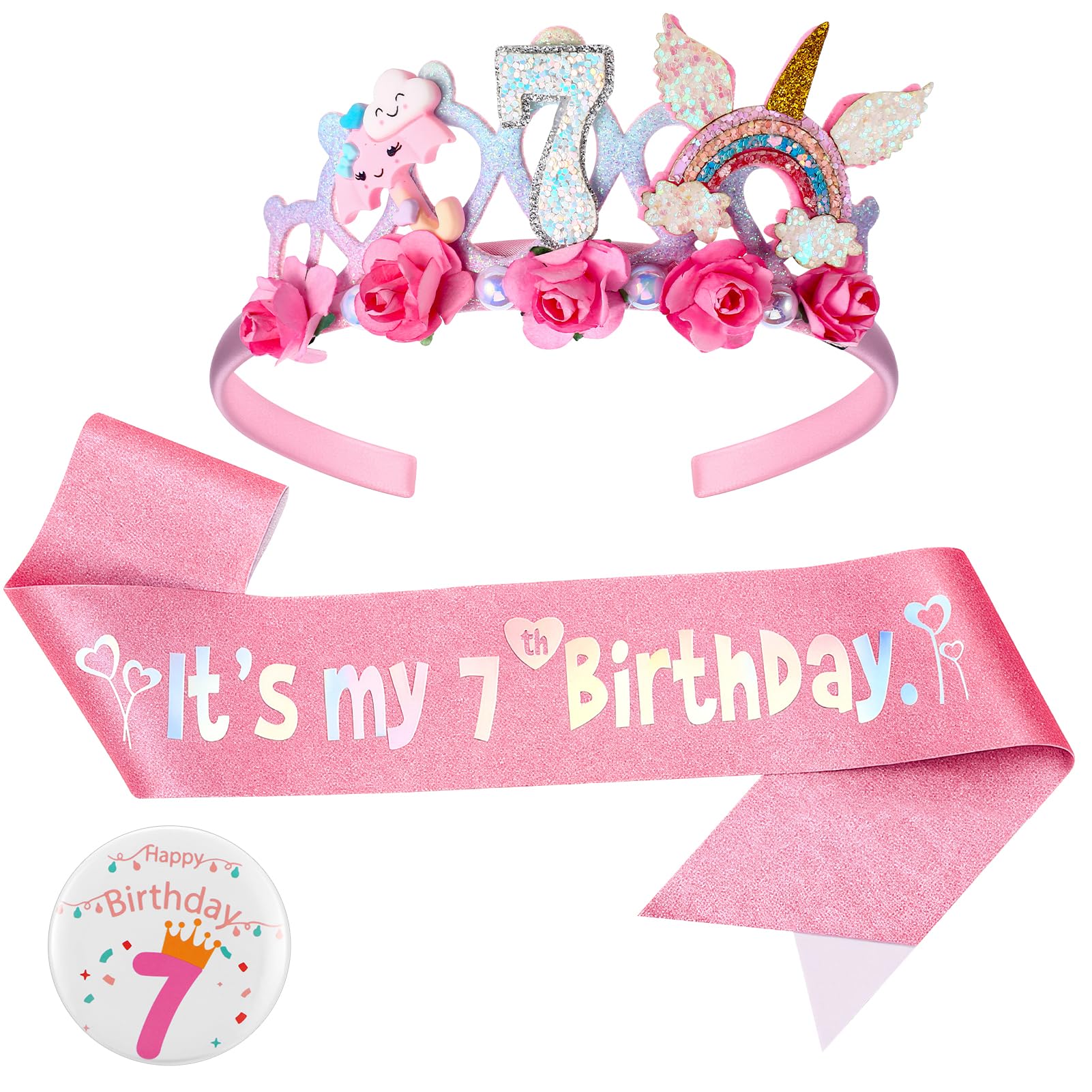 Birthday Girl Headband, 7th Floral Birthday Crown Glitter Sash and Badge Set for Birth Day Decorations Girls,Princess Crown Hats Girl Headband for Kids Princess Party Glitter Hair Band Decorations