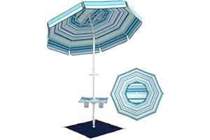 Outsunny 6 ft Portable Beach Umbrella with Foldable Table, Cup Holders, Tilting Outdoor Sun Shade with Sand Anchor, Sandbag, 