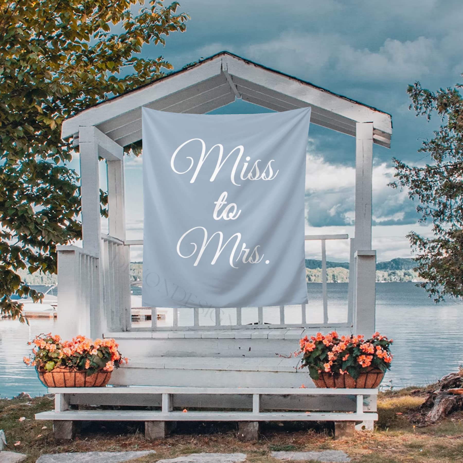 Photo 1 of DEVONDESIGN Miss to Mrs Backdrop, Sign, Tapestry, Banner, Future, 59'' x Dusty Blue Bridal Shower for Photos, Reception - Boho Decoration