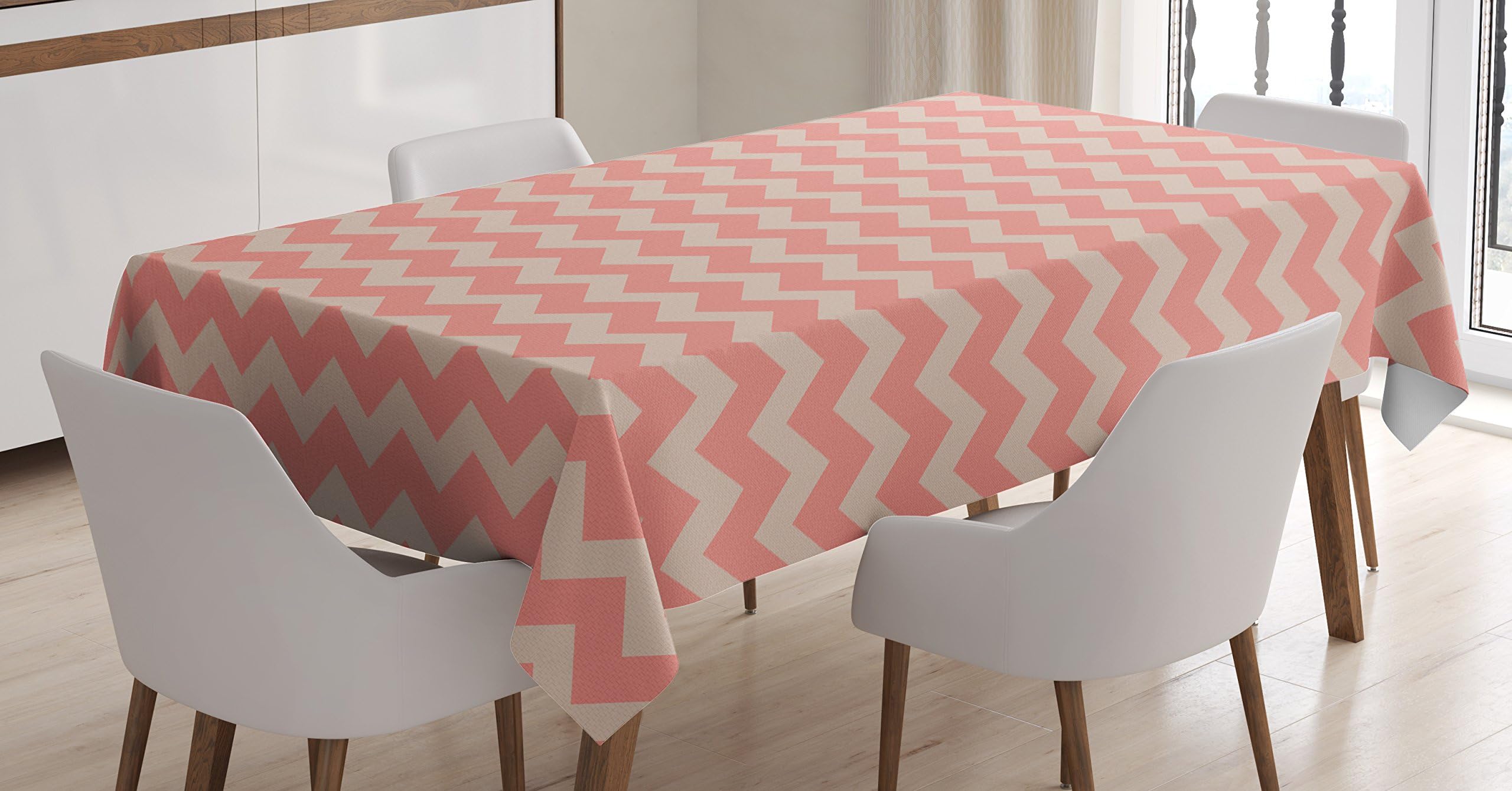 Ambesonne Peach Tablecloth, Zigzag Chevron Pattern Geometric Soft Colored Retro Vintage Abstract Art, Rectangular Table Cover for Dining Room Kitchen Decor, 52" X 70", Peach Coral