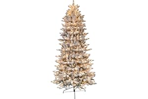 Puleo International 7.5 Foot Pre-Lit Slim Flocked Fraser Fir Artificial Christmas Tree with 500 UL Listed Clear Lights