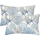 Summer Coastal Throw Pillow Covers 12x20 Inch Outdoor Decorative, Nautical Beach Ocean Themed Throw Pillows Blue Starfish Coral Pillowcase Farmhouse Lumbar Cushion Cover for Home Couch Bed, Set of 2