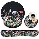 MOLNESO Wildflower Mouse Pad with Wrist Rest and Keyboard Wrist Rest Set, Black Floral Ergonomic Memory Foam Mouse Pad Set for Women, Office Desk Accessories, Gaming Use