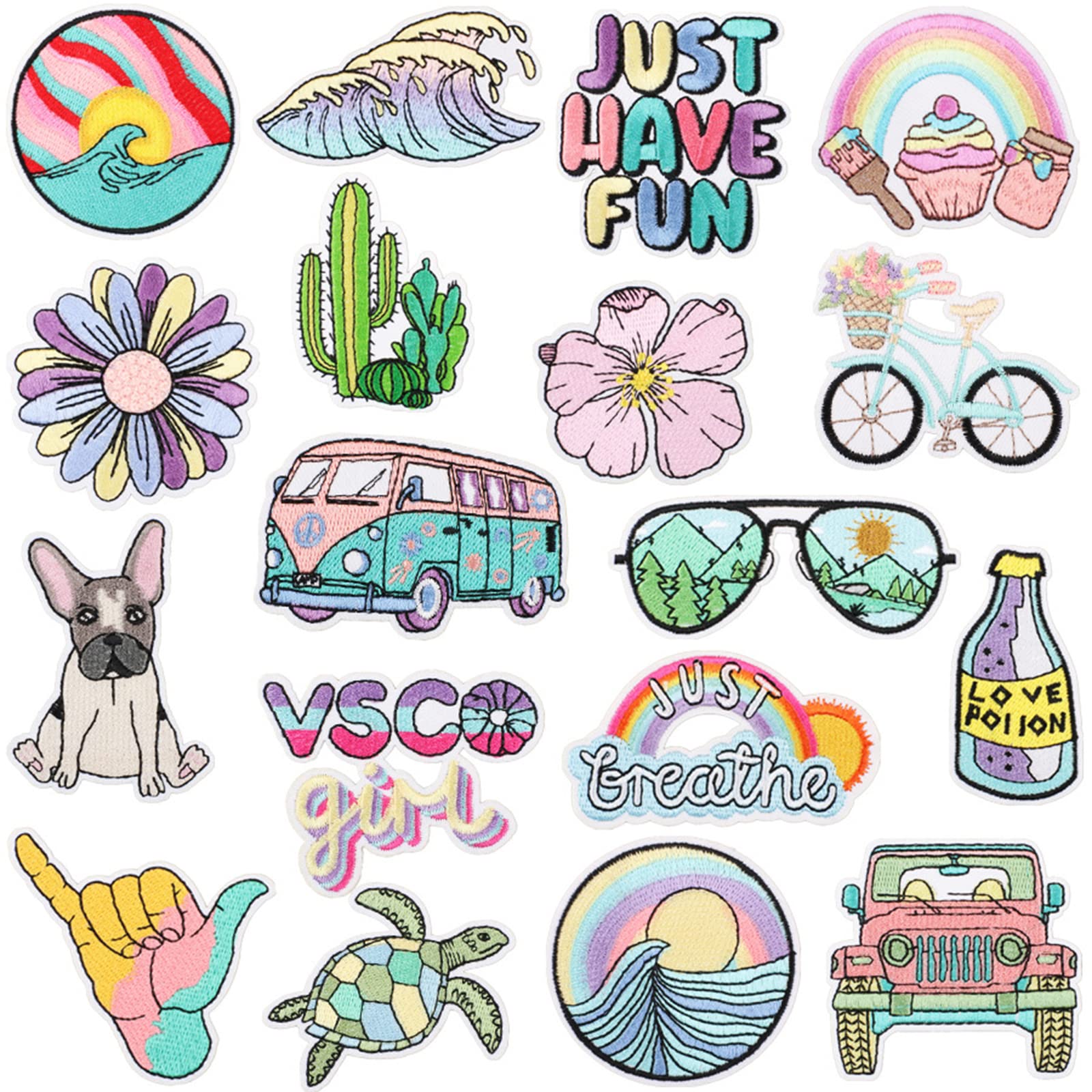Photo 1 of 18 Pieces Embroidered Iron On Patches DIY Accessories, Bright Colors Cute Iron On Patch Applique for Clothes, Dress, Hats, Jeans, Bag, Backpack, DIY Accessories Embroidered Iron on Patches