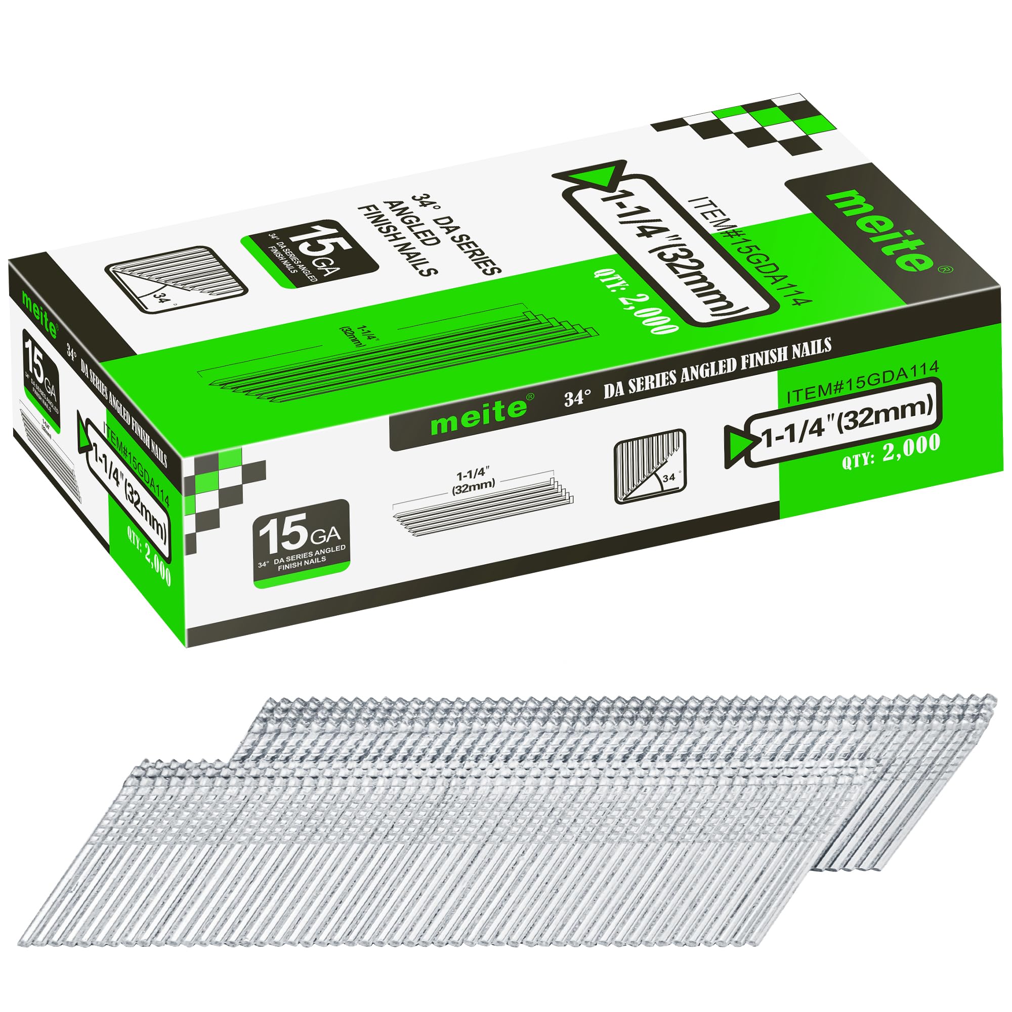 meite DA32 Type 15G / 32 mm Angled Finish Nails, 15 Gauge 34 Degree Galvanised Angled Finishing Nails for Nail Guns - Ideal for Woodworking, Upholstery, and Framing Projects (2,000 Counts)