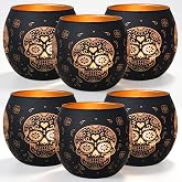 Day of Dead Skull Glass Votive Set, 6-Pack Black Halloween Candle Holder | Votive candle holder made of skull glass features a matte black finish with carved calavera details ideal for Halloween