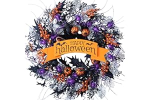Egolot 22 Inch Halloween Glitter Pumpkin Spider Wreath for Front Door, Halloween Orange Black Berries Wreath for Indoor Outdoor, Halloween Wreath for Home Decor