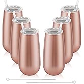 6 Pack Insulated Champagne Tumblers, Stemless 6 Oz Wine Flutes, Unbreakable Cocktail Cups With Lid, Gift for Family Friends Christmas Birthday Wedding (Rose Gold)