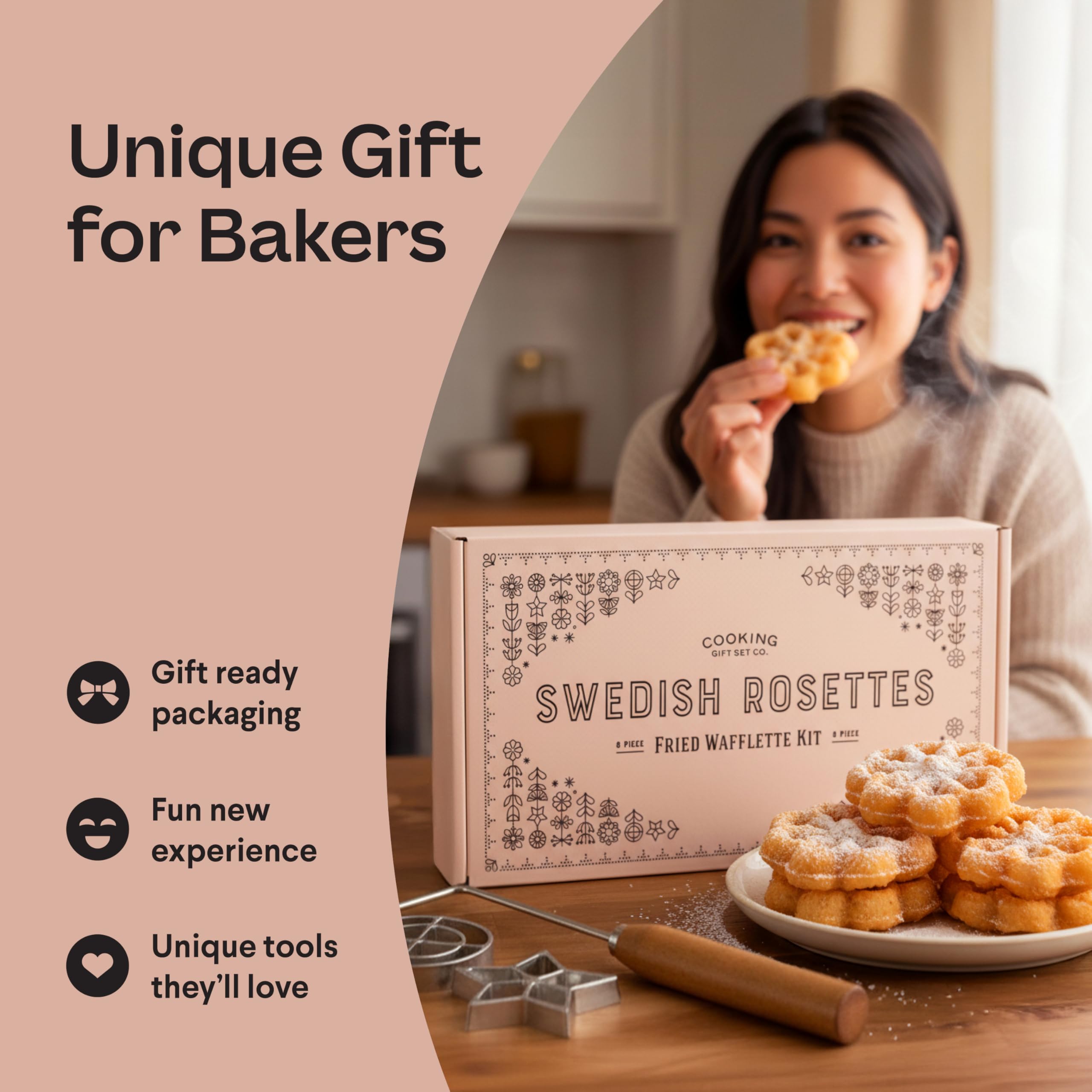 Swedish Rosette Iron Set with Handle Cooking Gifts – Rosette Maker & Bunuelos Mold Holiday Baking Essentials | Funnel Cake Maker & Waffle Iron Kit – Rosettes Unique Baking Gift Set for Women