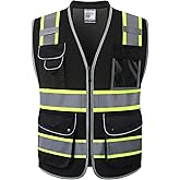 JKSafety 9 Pockets Hi-Vis Black Safety Vest for Men Women High Visibility Reflective Construction Mesh Fabric Cushioned Collar Work Utility PPE Work Gear ANSI/ISEA compliant (101-Black XL)