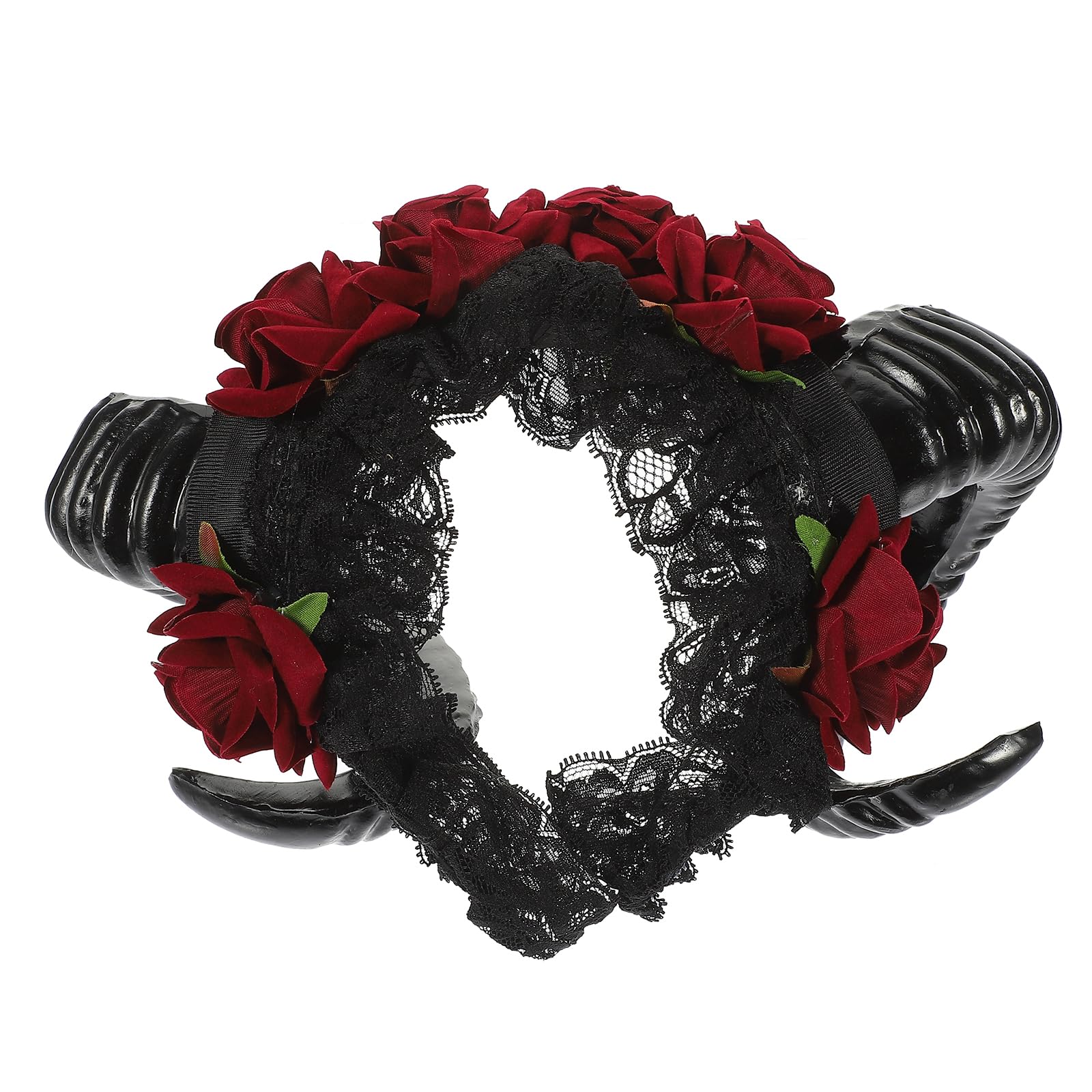 Lurrose Halloween Headband Sheep Horn Head Piece Rose Flower Hair Band Gothic Horns Headwear with Lace Veil for Festival Christmas Decor