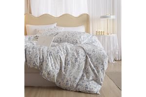 mixinni Small Floral Print Duvet Cover Queen Blue Flower Leaf Duvet Cover Set Soft Cotton White Bedding Comforter Cover Zipper Closure 4 Corner Ties for Him and Her-Queen Size