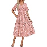 ZEAGOO Women's Summer Dresses Midi Tiered Casual Dress Floral V Neck Ruffle Short Sleeve Flowy Beach Dress with Pockets