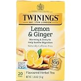 Twinings Lemon &amp; Ginger Herbal Tea Individually Wrapped Bags, 20 Count (Pack of 1), Tangy Lemon, Spicy Ginger, Naturally Caffeine-Free, Enjoy Hot or Iced, 20 Teabags