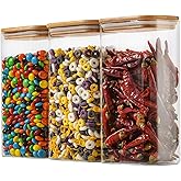 D2scrma 56oz Rectangle Airtight Glass Storage Containers with Bamboo Lids (Set of 3), Square Food Storage Jar, Pantry Organizers for Oats, Cereal, Pasta and Coffee beans (with Black Lable)