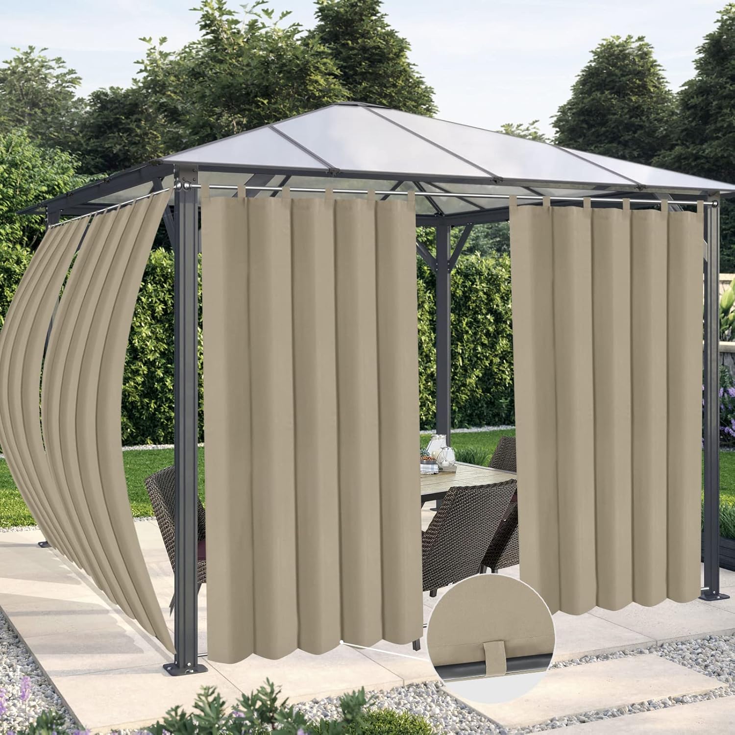 Outdoor Curtains - OutdoorLines Waterproof Outdoor Curtains for Patio - Windproof Tab Top Gazebo Curtain Panels - Privacy Sun Blocking Outside Curtain Set for Porch, Pergola and Cabana 54 x 84 inch, Khaki, 2 Panels