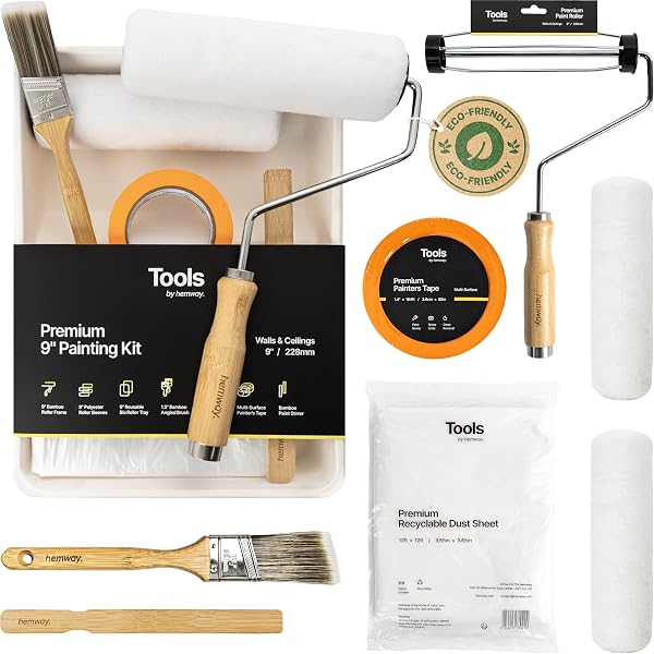 PAINTING KIT 9 INCH | PAINT ROLLER KIT INCLUDES 9″ ROLLER FRAME, 2 MID PILE SLEEVES, TRAY, 1.5″ CUTTING IN PAINT BRUSH, 12FT DUST SHEET, STIRRER & 50M PAINTERS TAPE | PREMIUM PAINTING SUPPLIES, HEMWAY