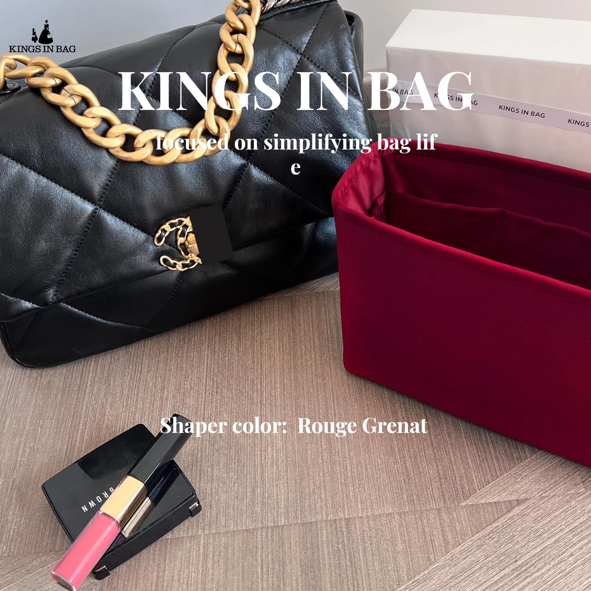 KINGS IN BAG 19 Jumbo Bag Organizer Silky Insert Bag Fits Chanel 19 Bags Lightweight Inner Bag Luxury Bag for Women (Rouge Grena, Jumbo30)