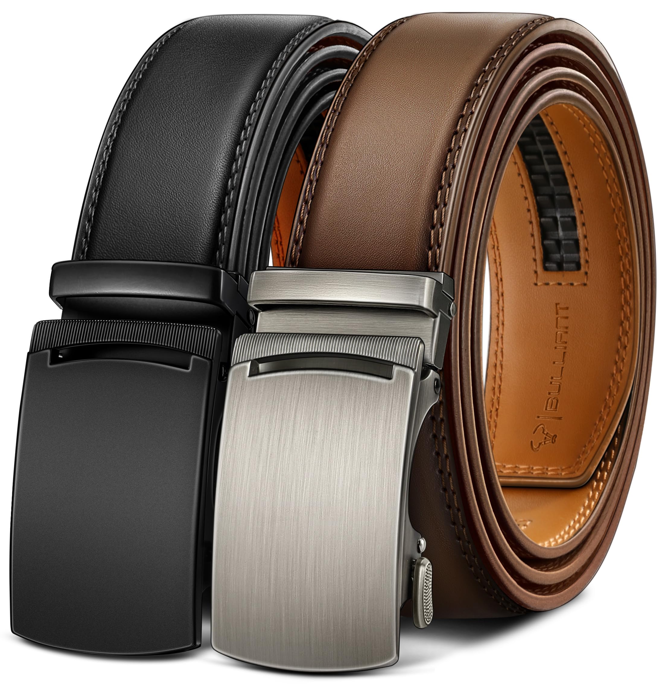 BULLIANT Men's Ratchet Belt 2 Pack-Click Leather Belt Adjustable for Men Gift 1 3/8-Cut for Perfect Fit(Black/Tawny,26"-34" Waist Adjustable) Image