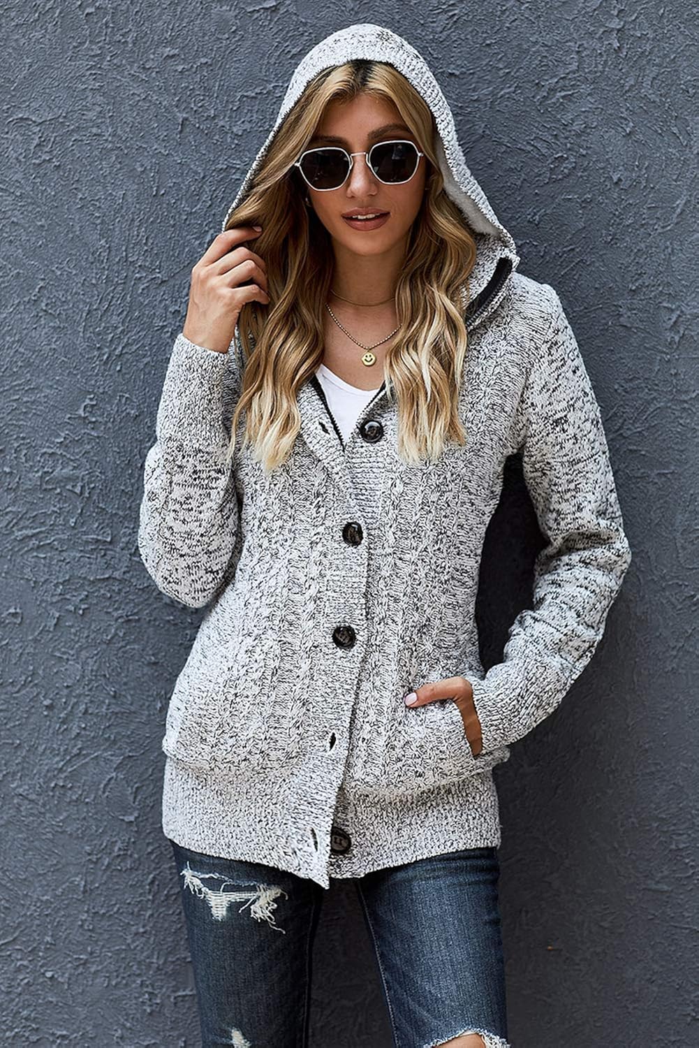 Sidefeel Women Hooded Knit Cardigans Button Cable Sweater Coat at  Women’s Clothing store
