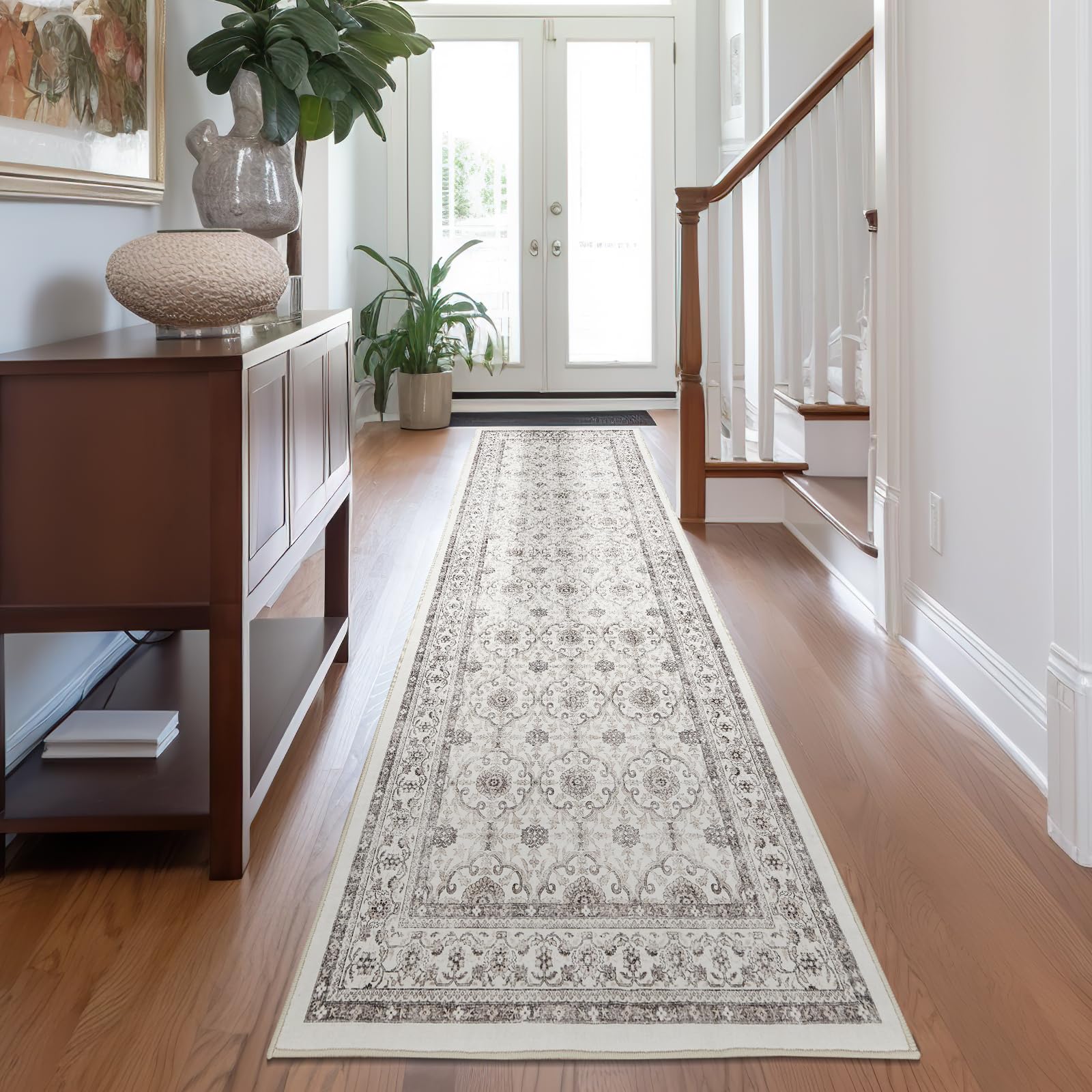 Photo 1 of jinchan Hallway Runner Rug 3x10 Boho Washable Runner Rug with Rubber Backing Ultra-Thin Distressed Non Slip Kitchen Rug Vintage Floral Print Soft Rug Boho Rug Laundry Room Entryway Farmhouse Taupe