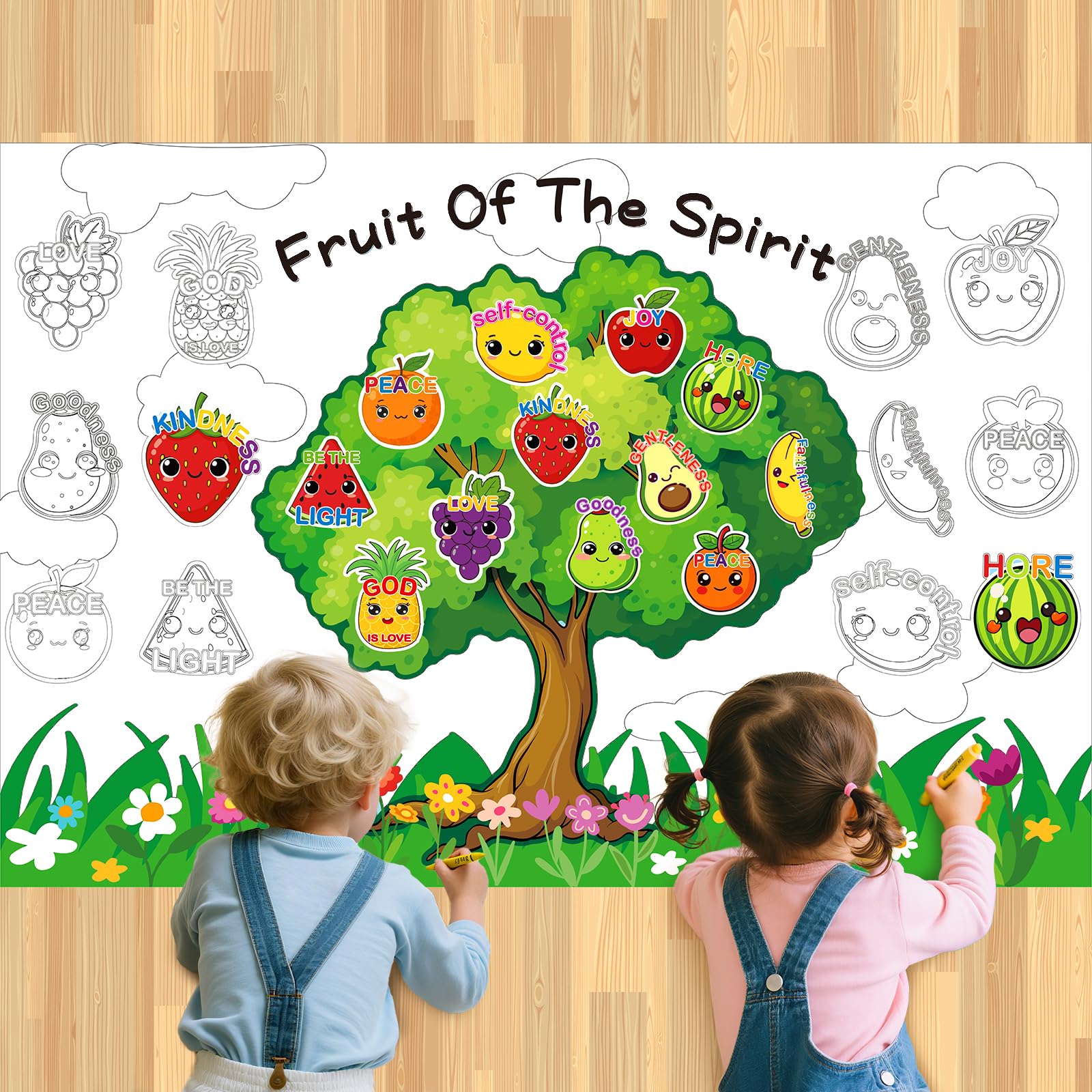 Photo 1 of Fruit Coloring Poster, 29.5x43.3Inch Fruit Themed Party Graffiti Poster for Kid DIY Art Craft for Classroom Wall Decor Cute Painting Colorful Tablecloth for Birthday Church VBS Activities Supplies