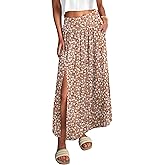 ANRABESS Maxi Skirts for Women Summer Trendy Elastic High Waisted Casual Boho Floral Slit Flowy Skirts with Pockets Fashion