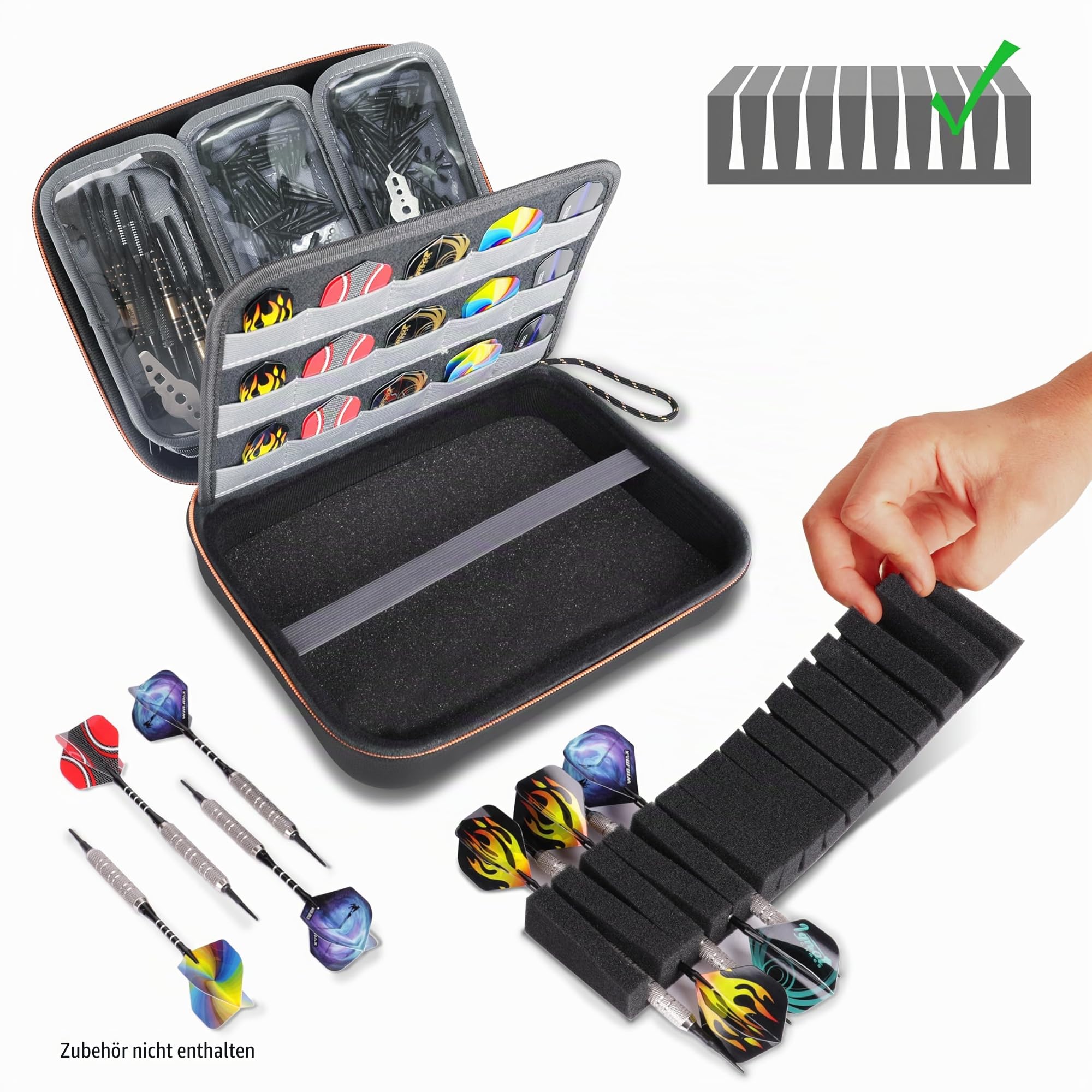 USA Gear XL Semi-Rigides Dart-Case – Schutz und Organisation für 15 teilige Sets: Darts, Spitzen, Schäfte und weiteres Zubehör – Präzisions Schaumstoffeinlage für Soft- und Steel-Tip-Darts (Schwarz) 6