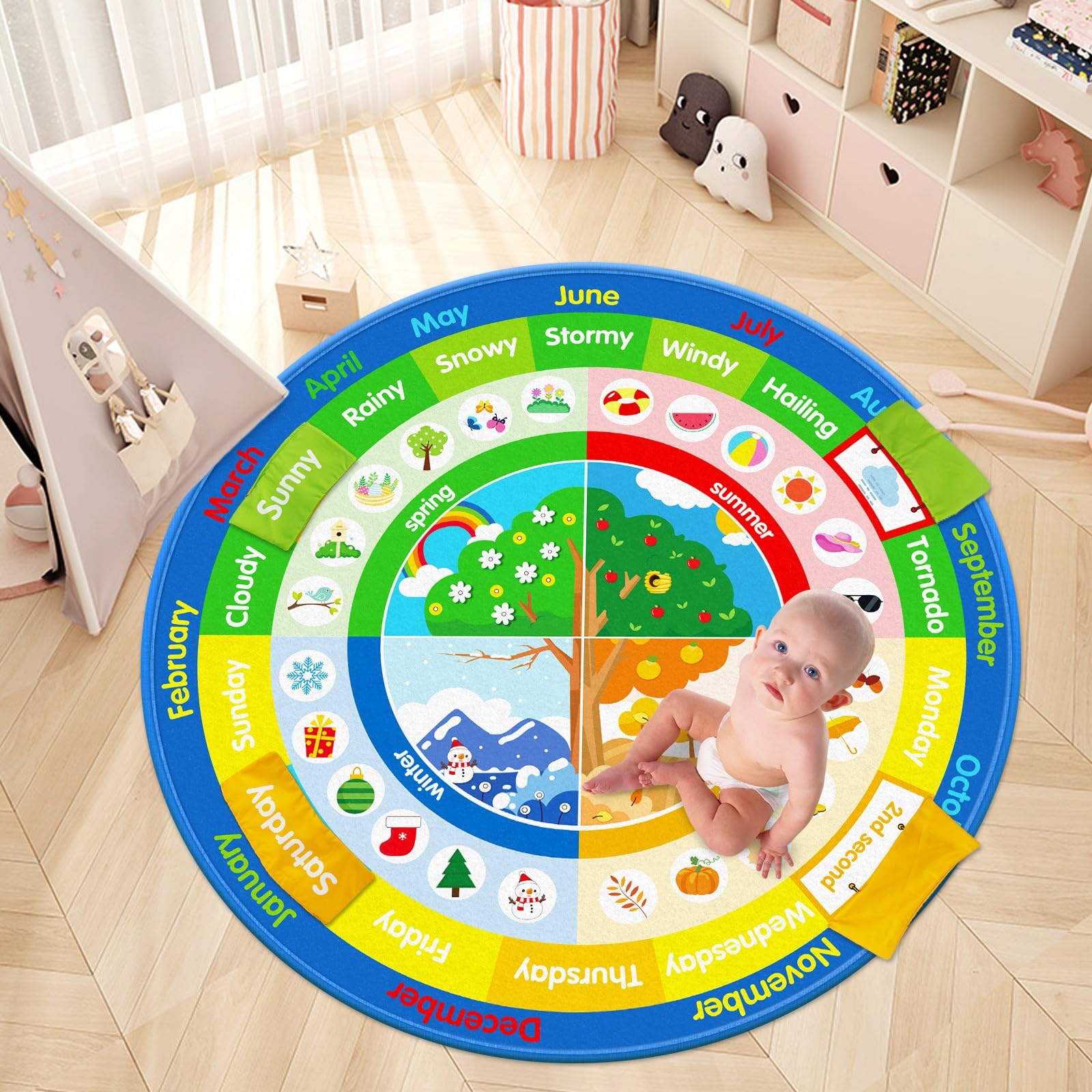beetoy Baby Crawling Play Mat for Floor, Cotton Educational Tummy Time Area Rug for Learning Month Weather Season, Round Non-Slip Super Soft Playmat for Playing Gym Activity for Infants Toddlers