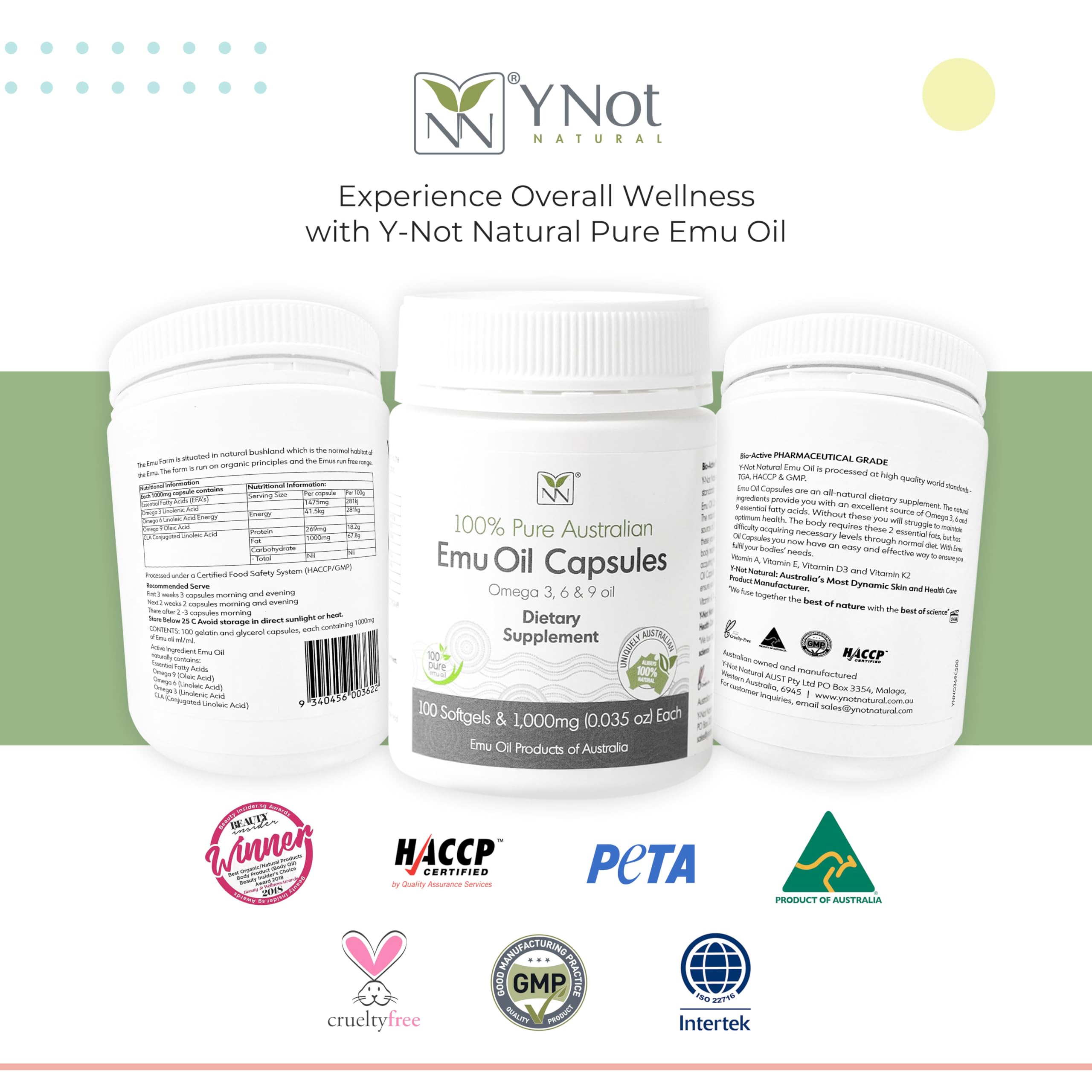 Emu Oil Capsules - Heart, Hair, Metabolism & Joint Support Supplement - Pharmaceutical Grade Emu Oil with CLA, Omegas 3, 6 & 9 with Vitamin K2, A & E by Y-Not Natural - 1000mg, 100 Capsules