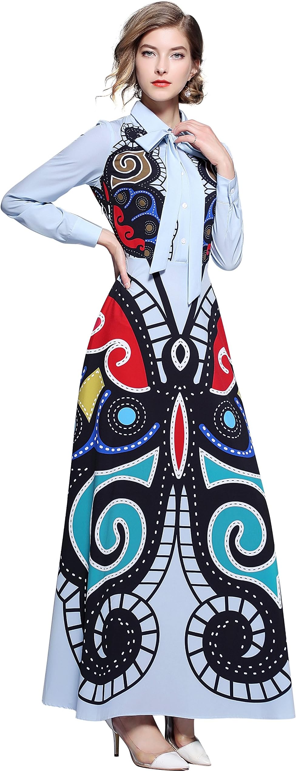 Women's Long Sleeve Button up Maxi Shirt Dress Causal A-line Long Dress