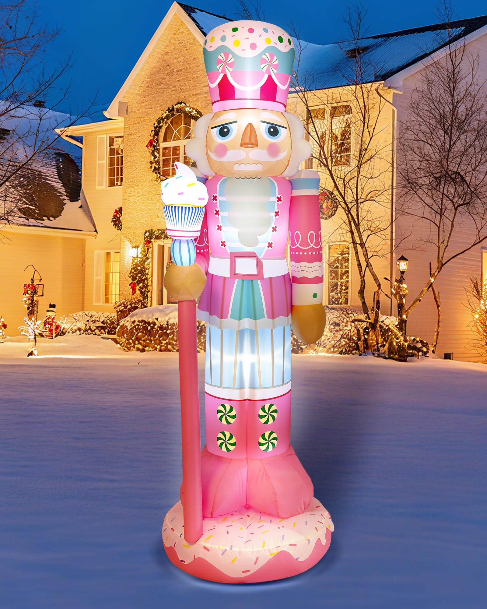 Photo 1 of Geyoga 8FT Christmas Inflatable Outdoor Decoration Pink Nutcracker Hold Cake Cane Blow Up with LED Lights Inflatable Nutcracker Yard Decor for Xmas Decorations Outdoor Indoor Xmas Gifts