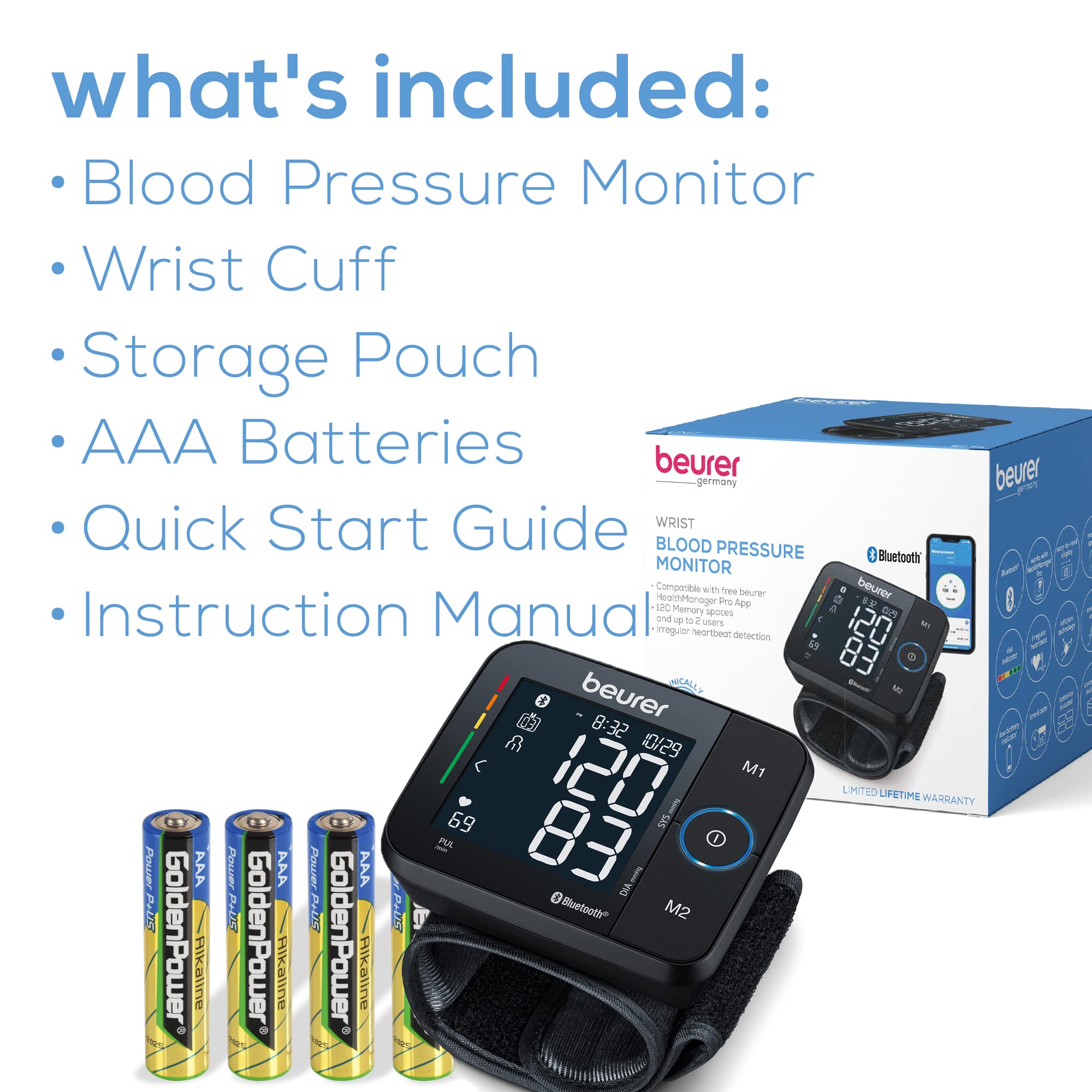 Beurer BC54 Wrist Blood Pressure Monitor with Bluetooth, Irregular Heartbeat Detector, Risk Indicator, Accurate Large Display, and Travel Case, Wrist Cuff up to 120 Memory Sets