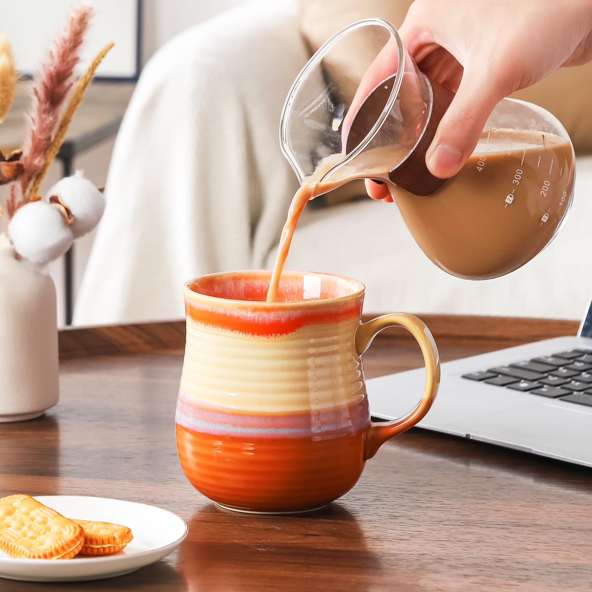 21 oz Large Ceramic Coffee Mugs, Pottery Mug Handmade, Ceramic Tea Cups with Handle for Office and Home, Dishwasher and Microwave Safe (Orange)