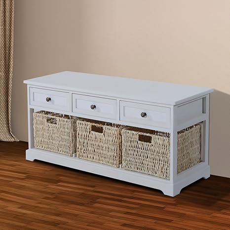 HOMCOM - Banco de Madera con cajones y cestas de Mimbre Trenzado 100 x