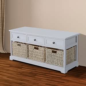 HOMCOM - Banco de Madera con cajones y cestas de Mimbre Trenzado 100 x