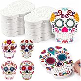 Vertintong 24 Pcs Halloween Ceramics to Paint Crafts Sugar Skull Unpainted | Day of The Dead Decorations, White Gypsum Skulls DIY Paint Your Own Craft Kit for Día De Los Muertos Party, 6 Unique Embossed