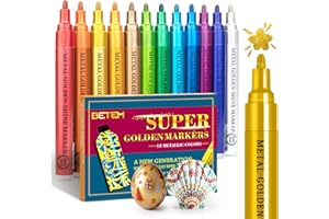 Betem Super Golden Metallic Paint Markers, 12 Colors Metallic Paint Pen Scrapbook Supplies, 2-3mm Medium Tips Glitter Markers for Black Paper, Rock Painting, Ceramic, Wood, Christmas Gifts DIY Crafts