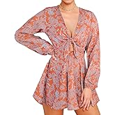 AGQT Women’s Sexy V Neck Self Tie Front Romper 2026 Summer Boho Short Jumpsuit Playsuit Outfit Mini Dress