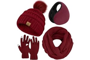 URATOT 4-In-1 Winter Warm Sets Knitted Scarf Touch Screen Gloves Beanie Pompom Hat and Winter Ear Warmer for Men or Women