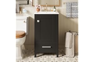 18" Black Bathroom Vanity with Ceramic Sink, Solid Wood Frame and MDF Cabinet, Soft-Close Drawer and Door with Organizer Shel