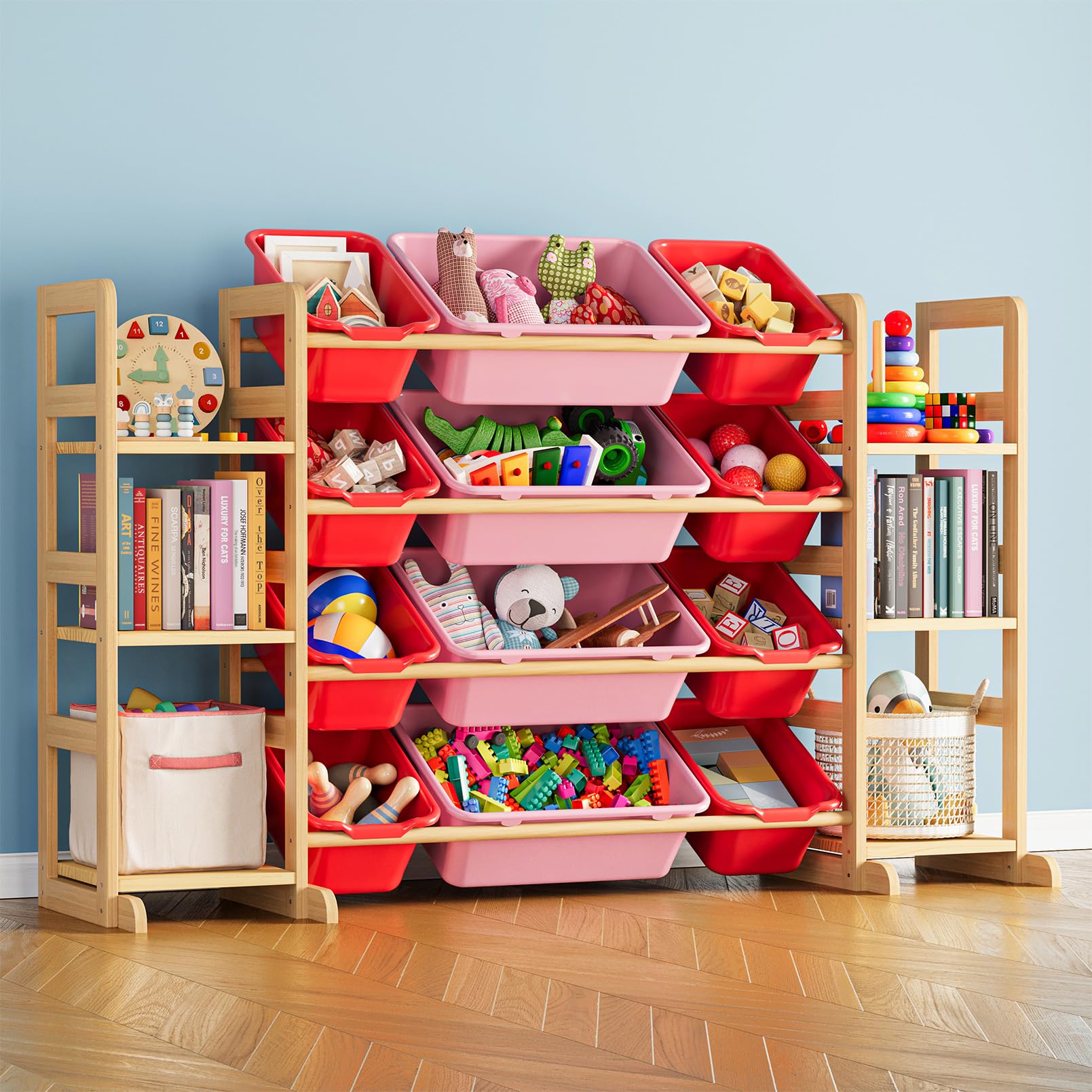 SpaceAid Toy Storage Organizer with 6 Shelves and 12 Bins, Toy Organizers Storage Bookshelf, Kids Bin Shelf Toys Box Bookcase for Bedroom Playroom Organization Room Decor, Red and Pink Image