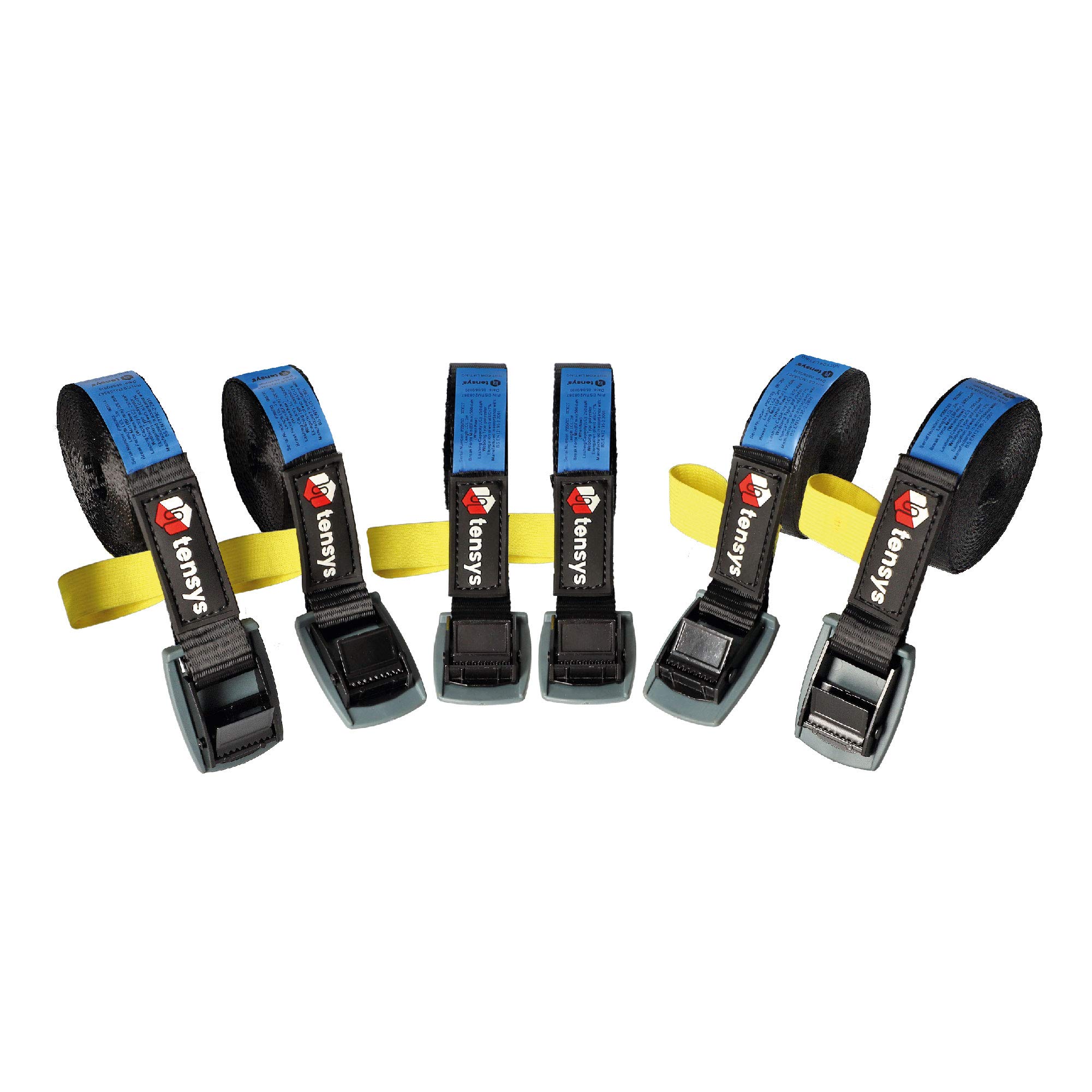 TENSYS - 6 pack - 25mm Cambuckle Tensioner Straps - 3 Metre Length - For Securing Loads Black with reflective stripe